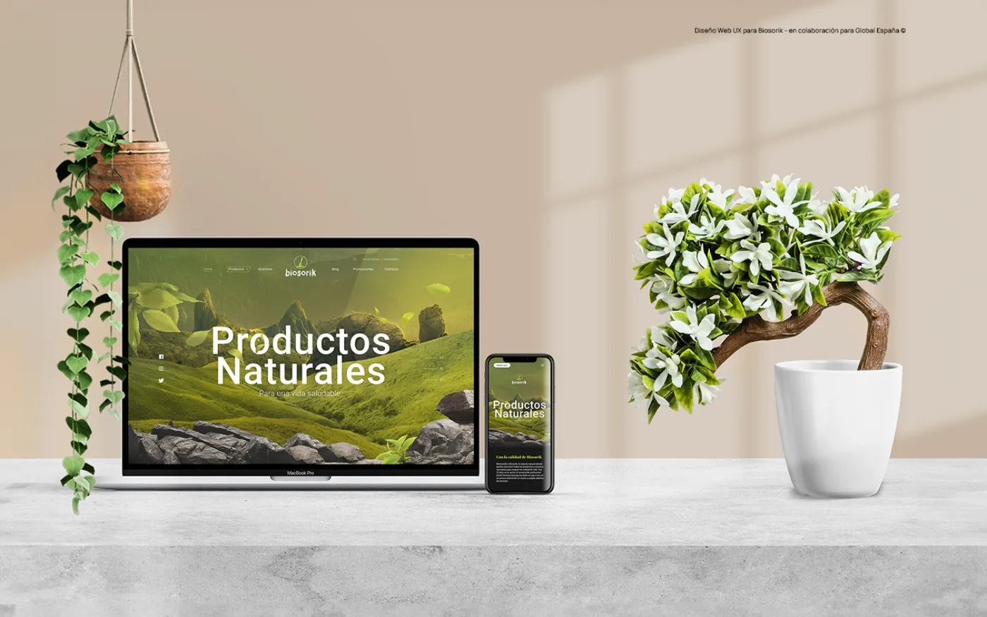 Diseño web UX de Biosorik, "Productos Naturales", en portátil y móvil