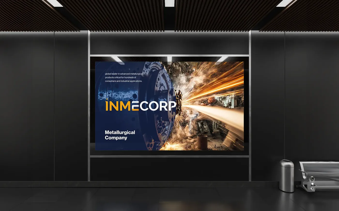Logotipo e identidad de Inmecorp sobre un cartel metalúrgico