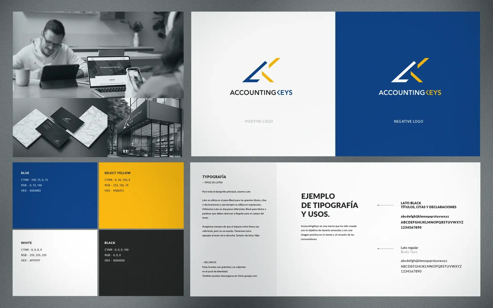 Páginas del manual de marca de Accounting Keys con logotipo, colores y tipografía