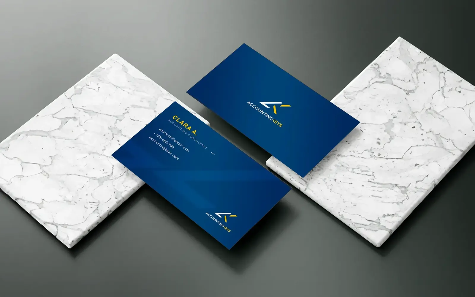 Tarjetas de visita de Accounting Keys en azul y blanco
