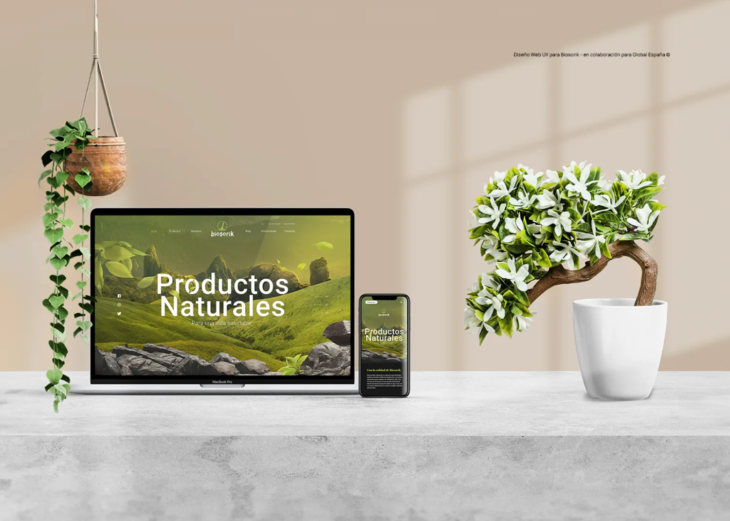 Página web de Biosorik "Productos Naturales" en un portátil y un móvil sobre una repisa de hormigón