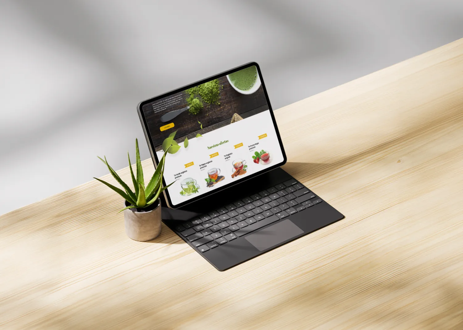 Sección de productos de Biosorik en una tablet sobre una mesa de madera