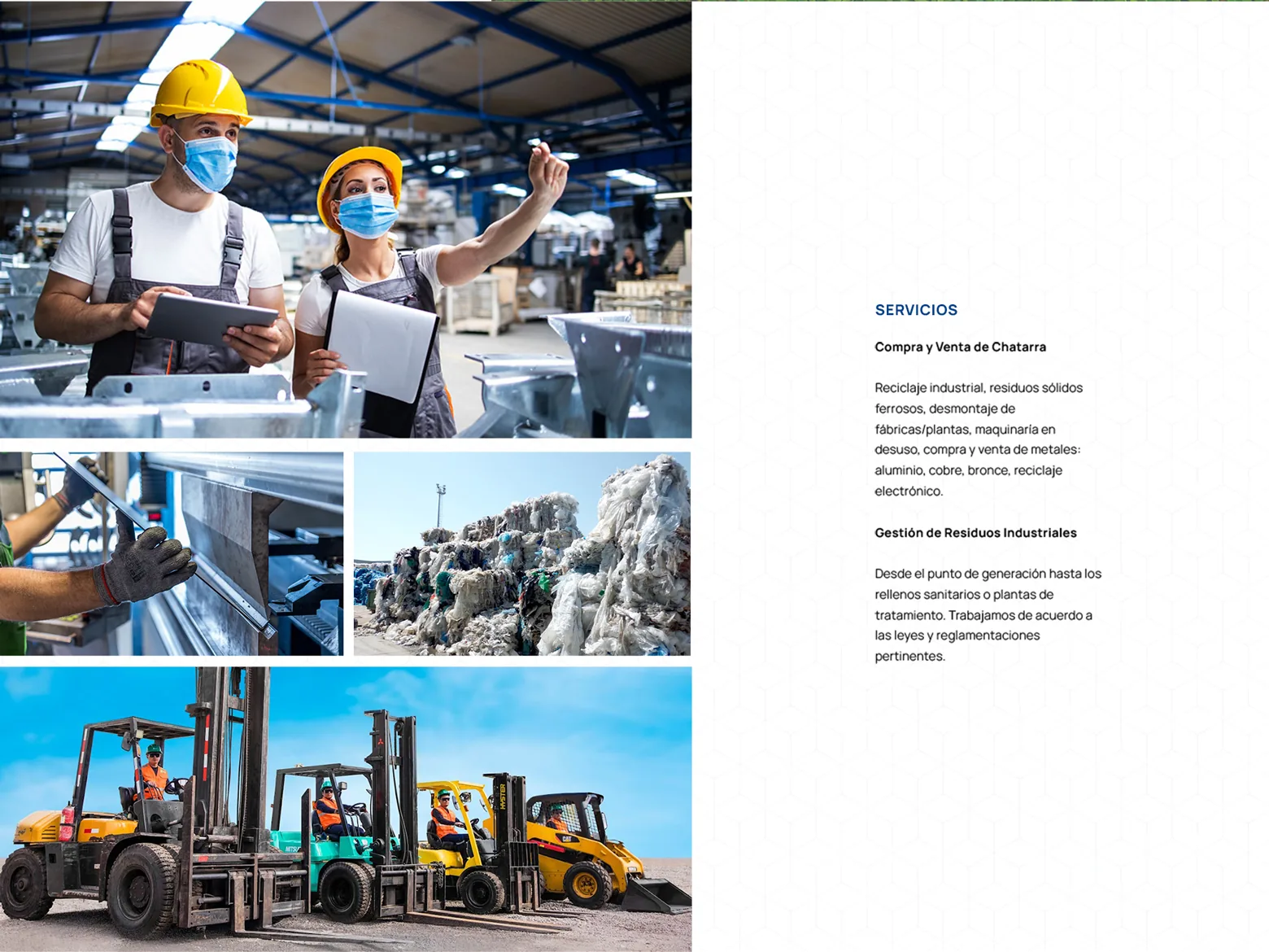 Página de servicios de Ficemin con fotografías de planta, chatarra y maquinaria
