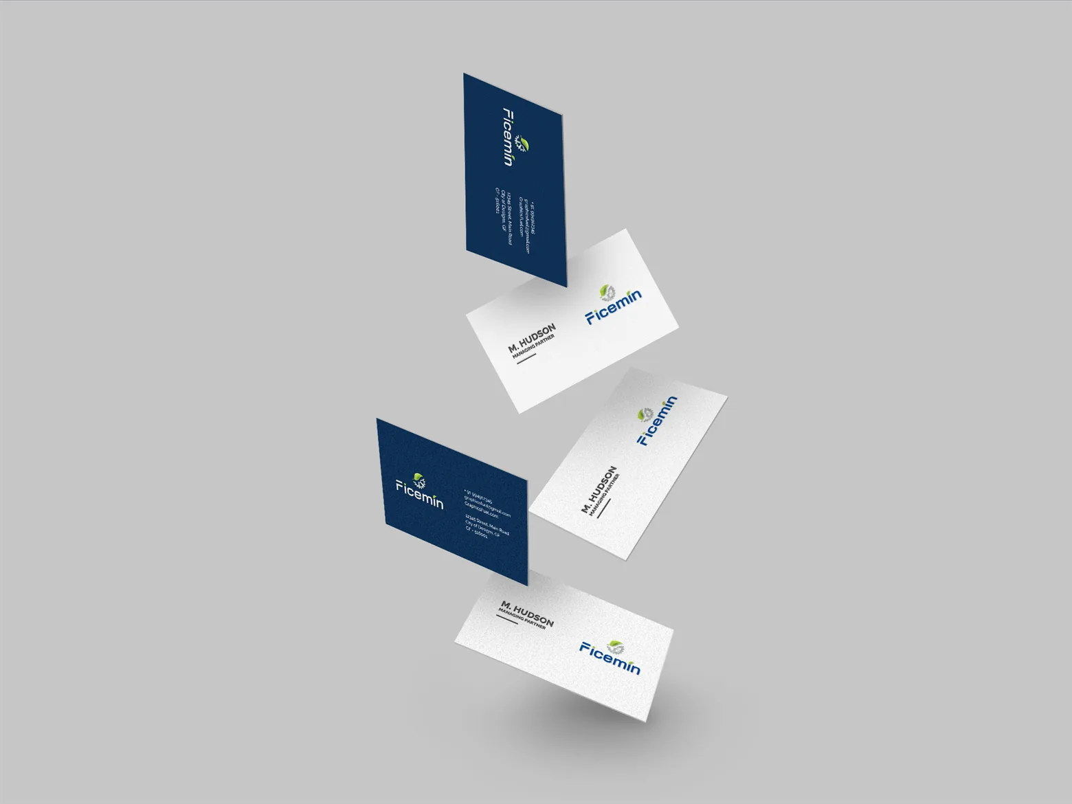 Tarjetas de visita de Ficemin en azul y blanco flotando sobre fondo gris