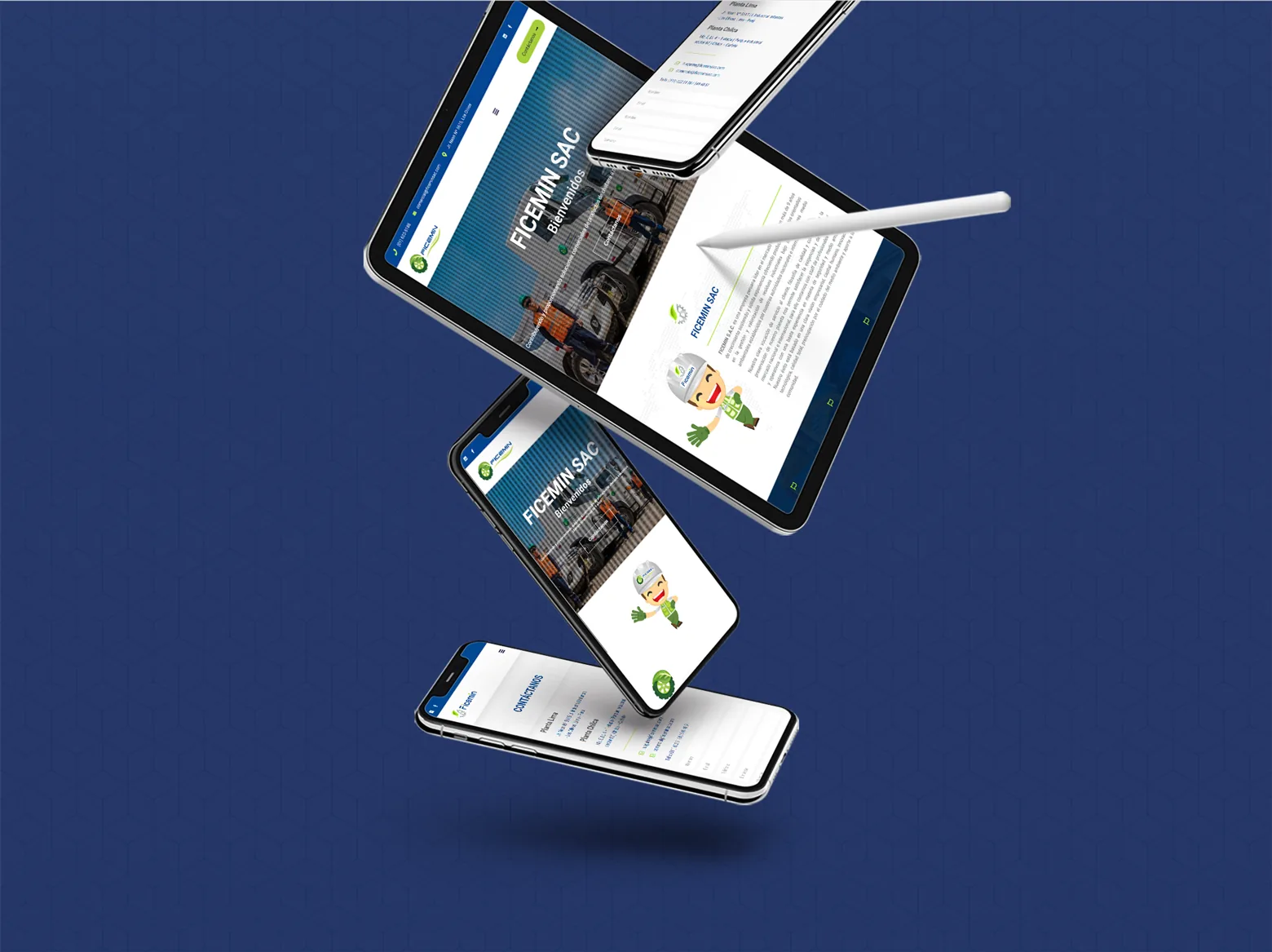 Página web de Ficemin en dos tablets y dos móviles flotando sobre fondo azul
