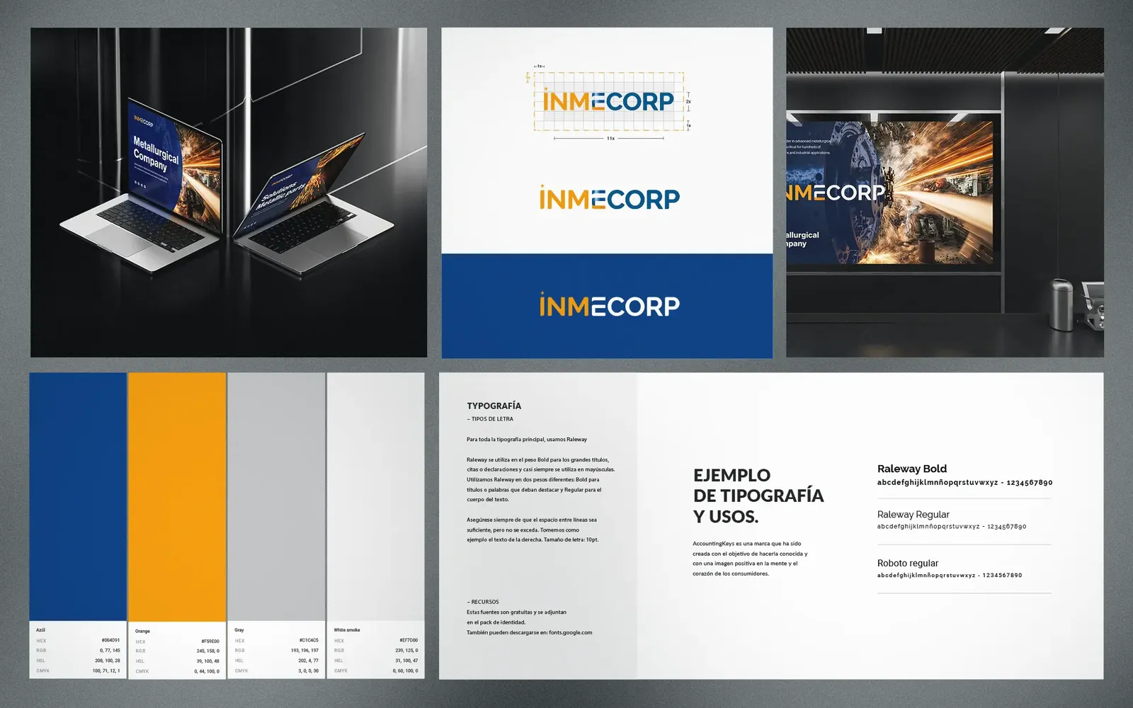 Páginas del manual de marca de Inmecorp con logotipo, colores y tipografía