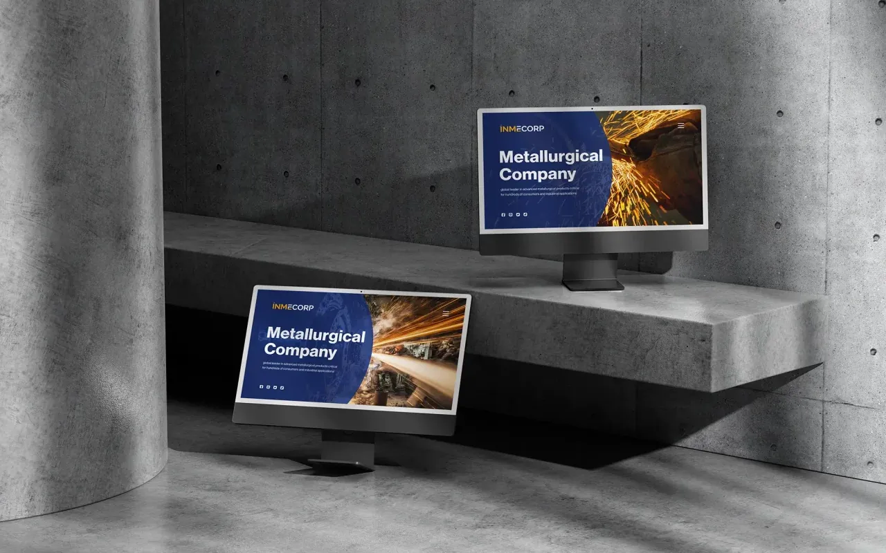 Página web de Inmecorp "Metallurgical Company" en dos pantallas sobre hormigón