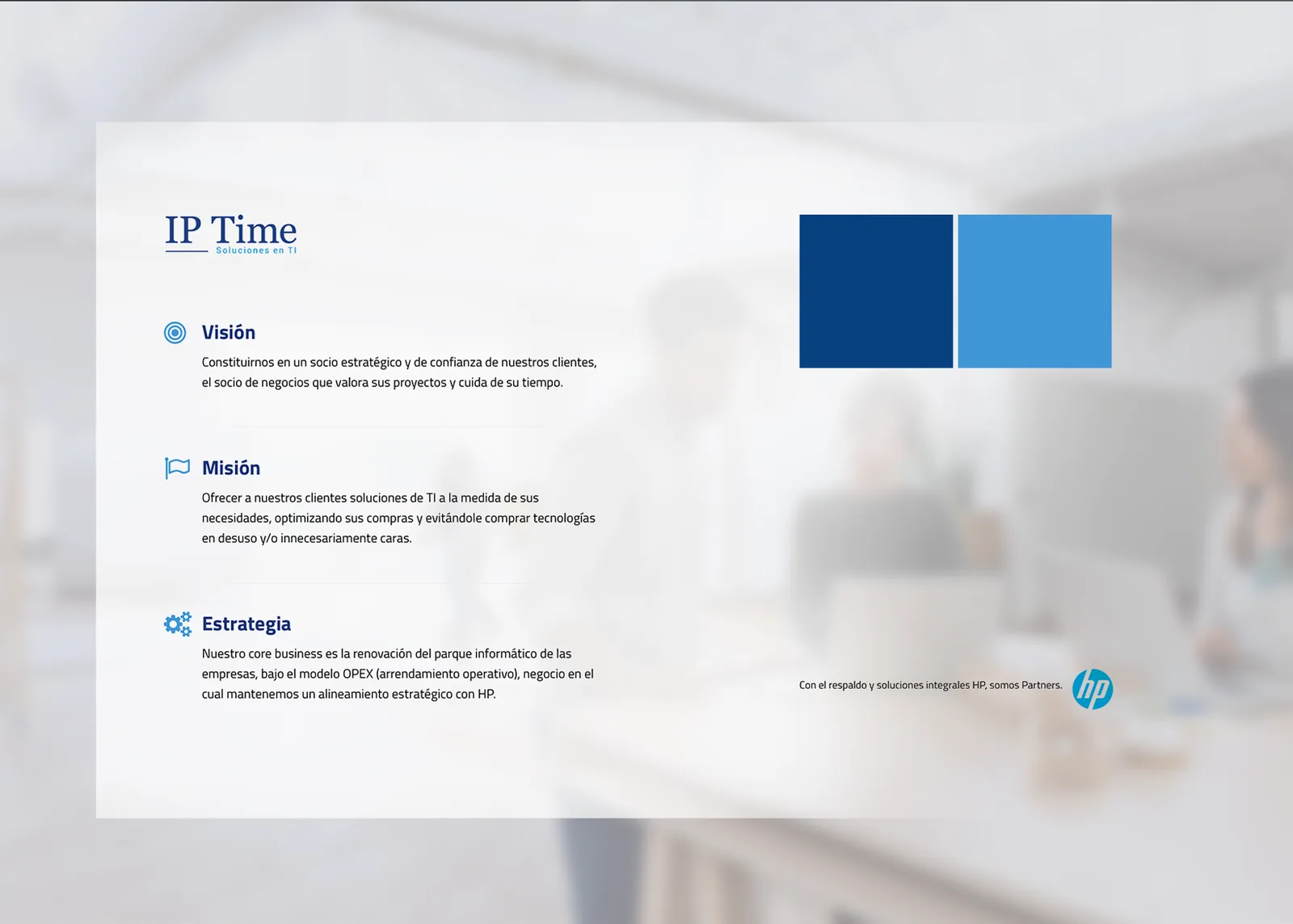 Sección de visión, misión y estrategia de IP Time con su paleta azul y el sello de socio HP