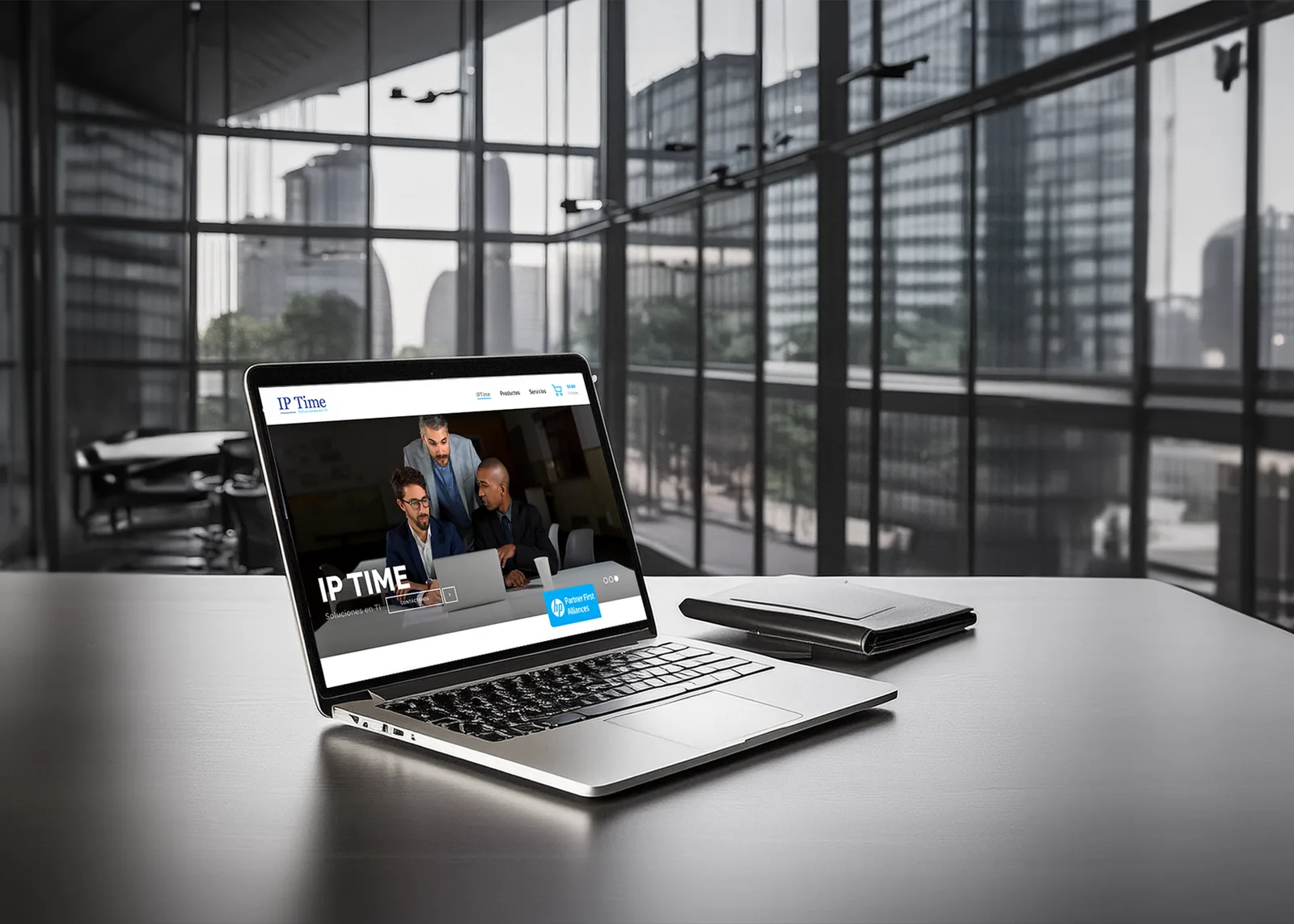 Página web de IP Time en un portátil sobre una mesa, frente a un ventanal de oficina