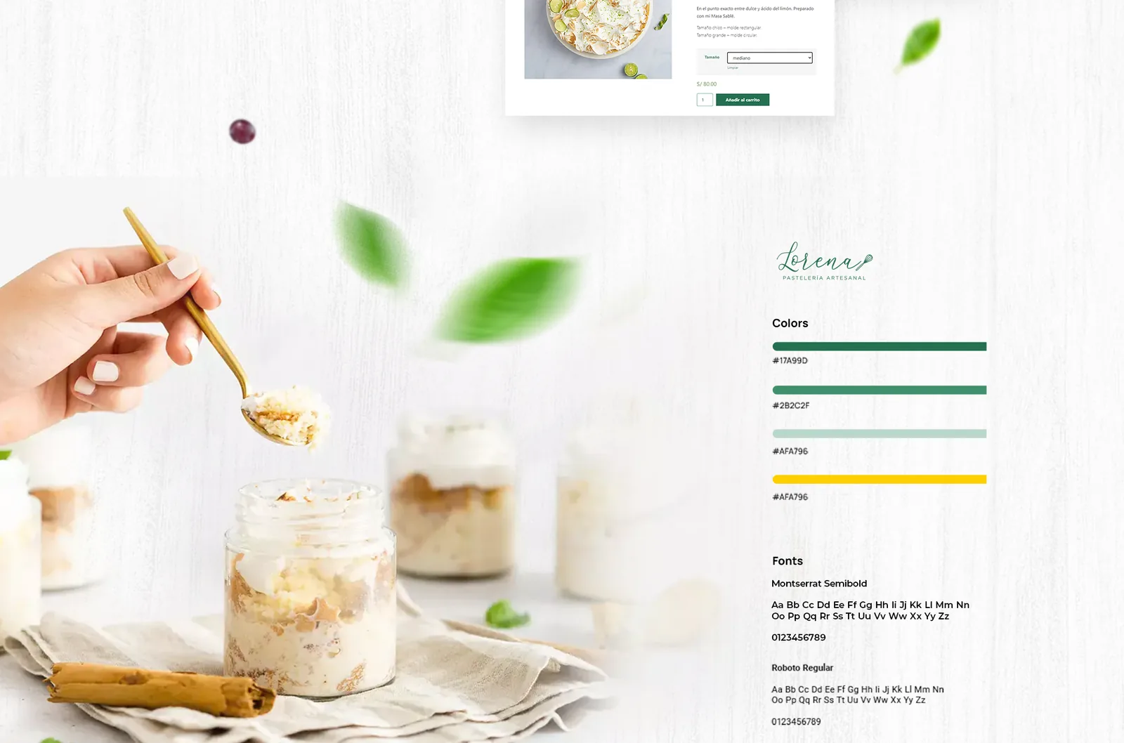 Paleta de colores y tipografías de Pastelería Lore junto a un postre