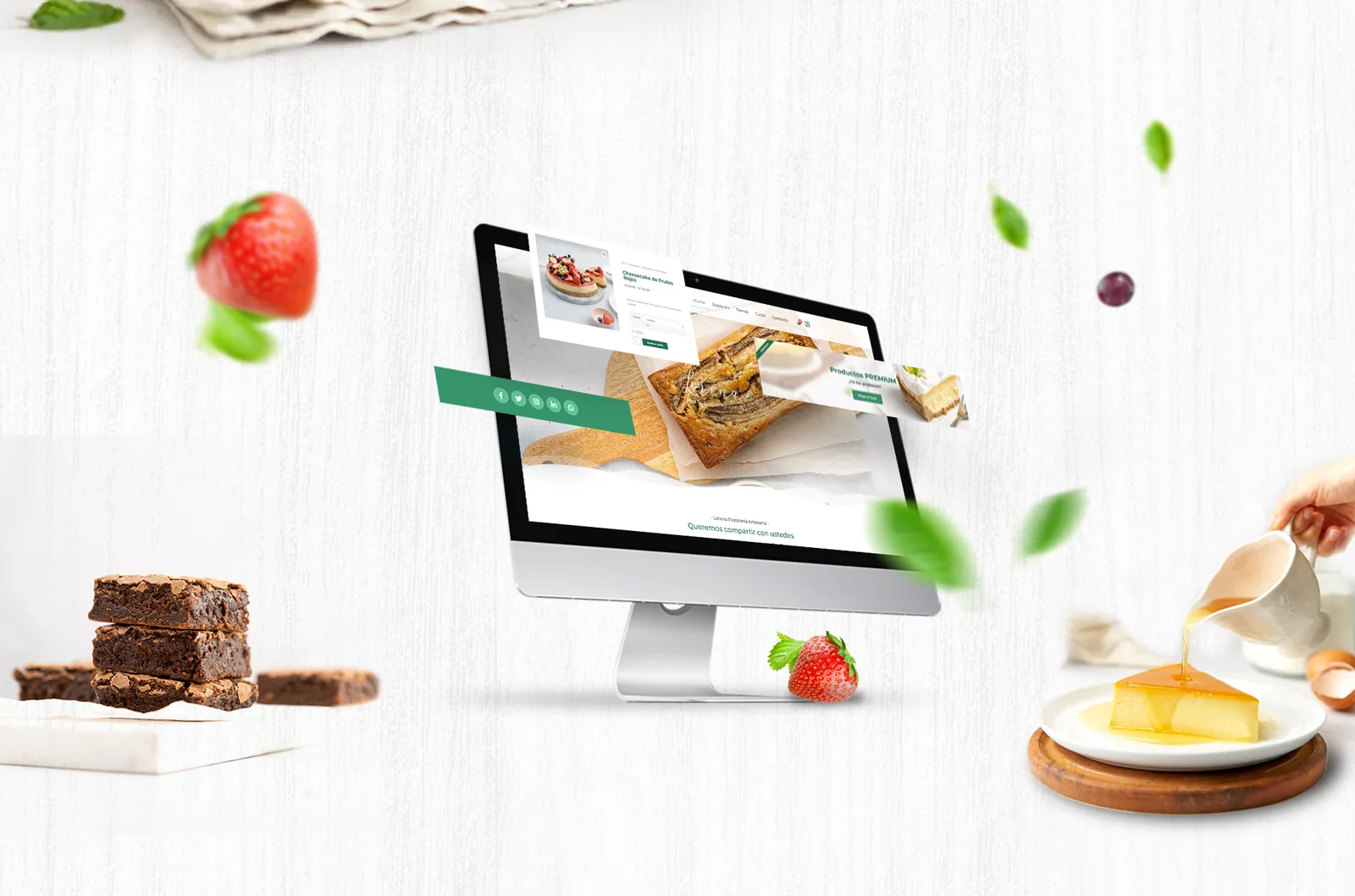 Tienda online de Pastelería Lore en un monitor con brownies y flan