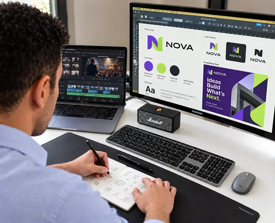 Tony Hall bocetando un logotipo junto a un monitor con un sistema de marca y un portátil con edición de vídeo